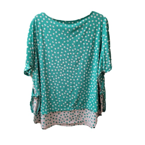 Susan Graver Liquid Knit Layered Top Metal Ring Details Polka Dot Mint White 2XL - Picture 2 of 10